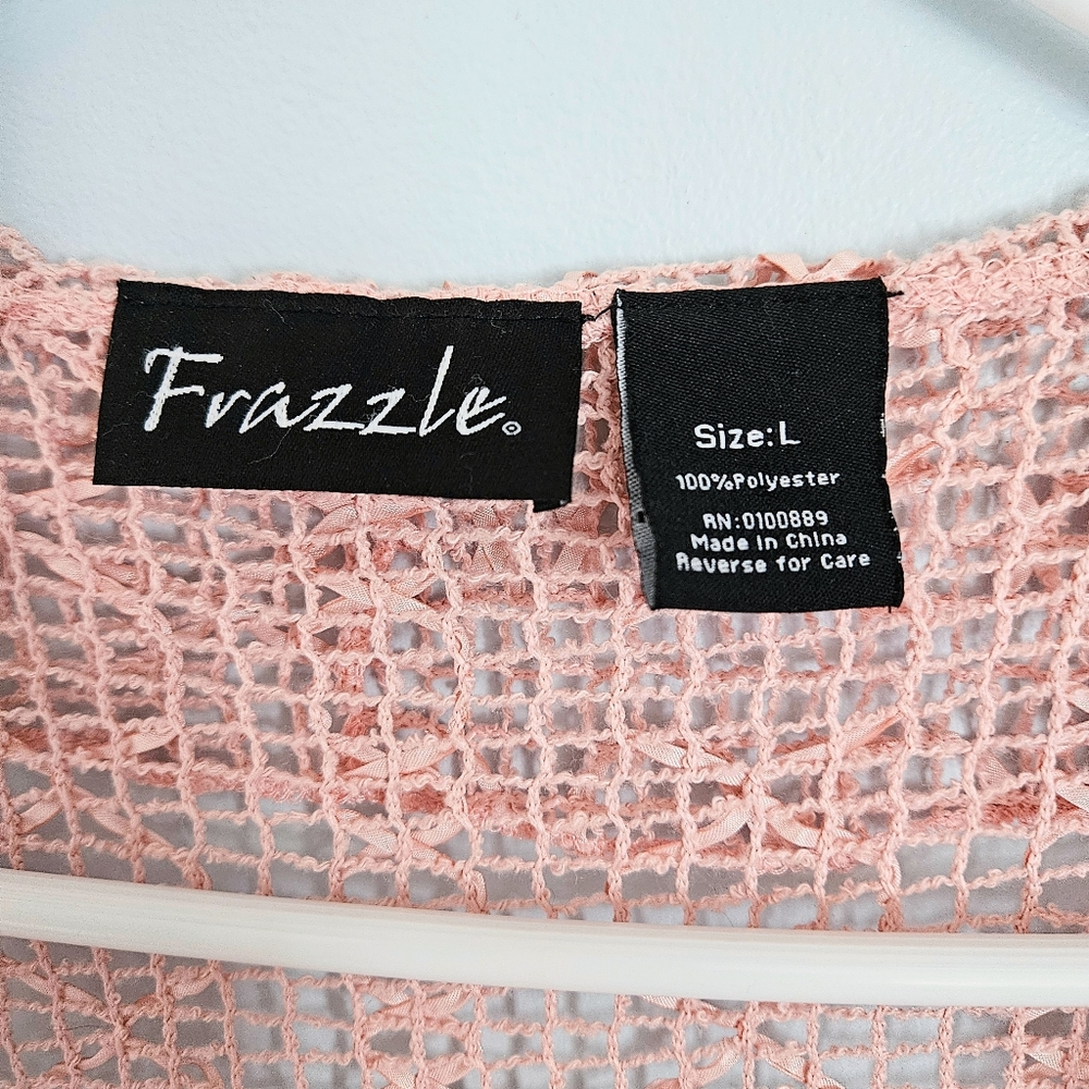 5/$30 Frazzle Light Pink Silky Crochet Ruffle Open Front Coquette Vest Size L - Picture 2 of 5